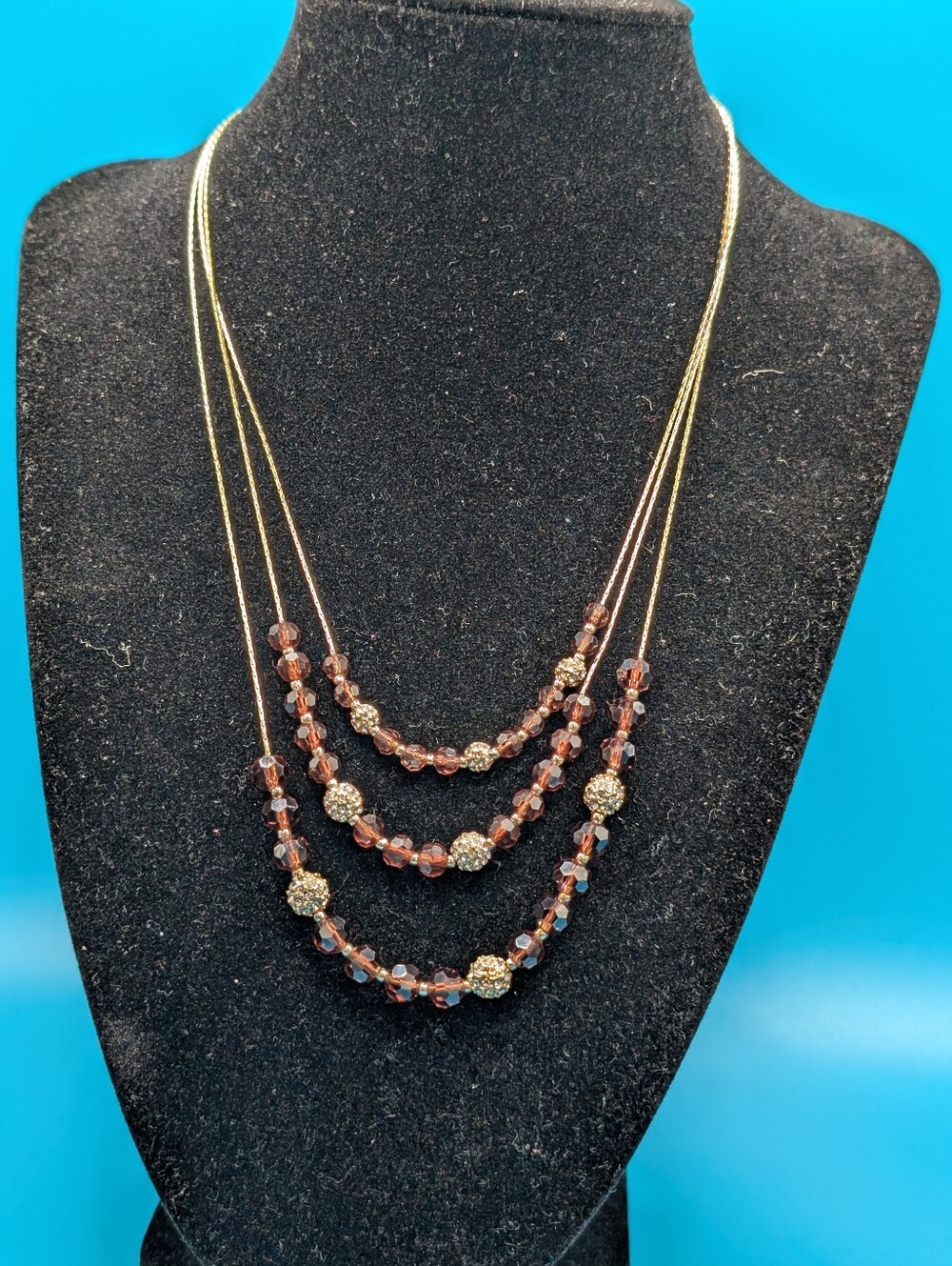 Multi-Strand Brown Crystal & Gold Bead Necklace - Women Jewelry